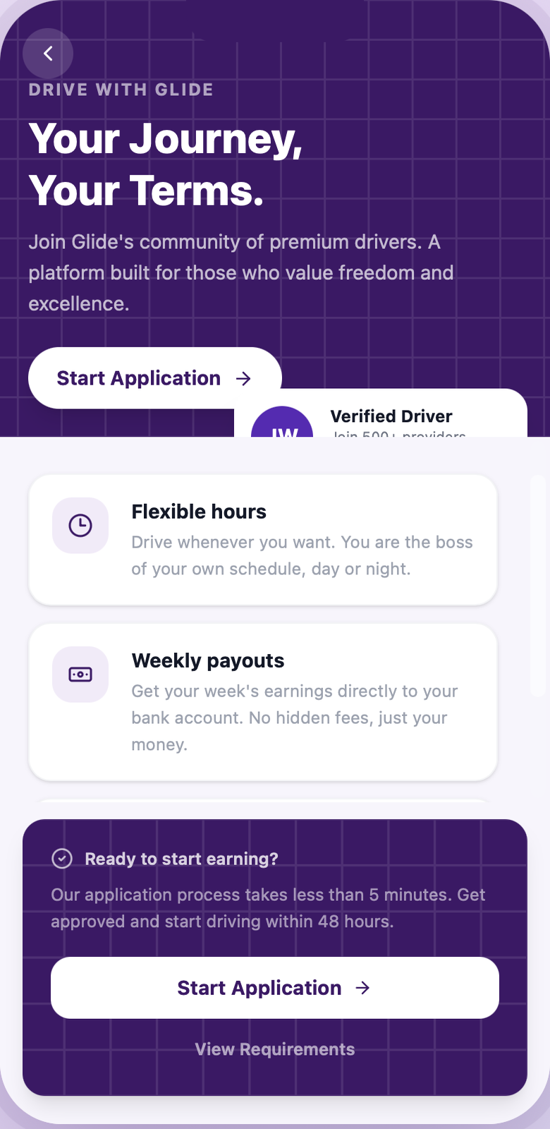 Glide driver app — drive with Glide, flexible hours and weekly payouts