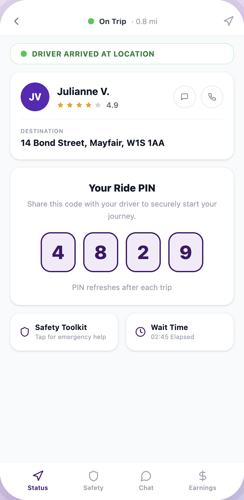 Glide app — PIN-confirmed pick-up