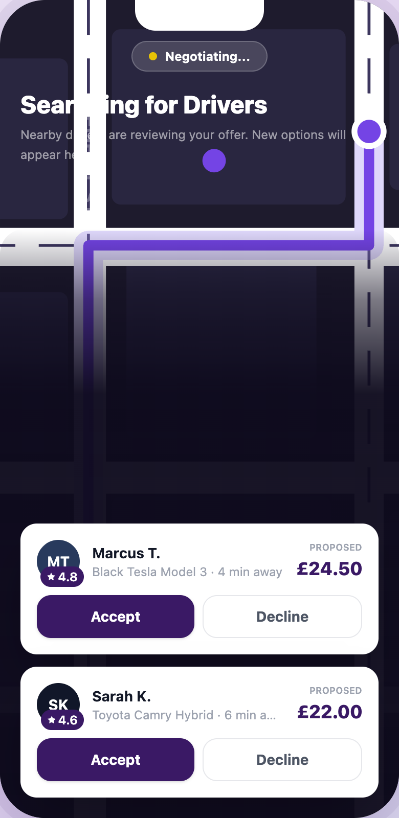 Glide app — drivers responding with fare proposals