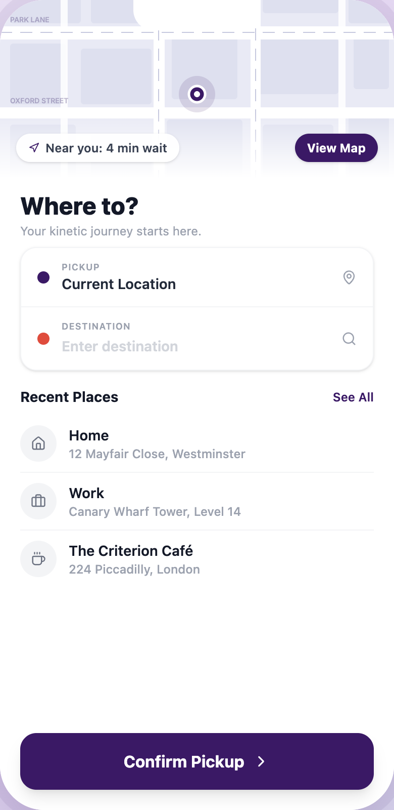 Glide app — entering your pick-up and destination